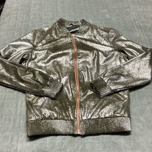 Zara Bomber Jacket, Shimmer Metallic, Zippered Pockets, Size XS